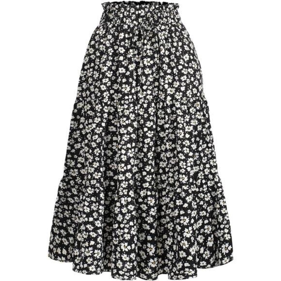 Women's High Elastic Waist Midi Skirt Black Floral - Picture 1 of 5